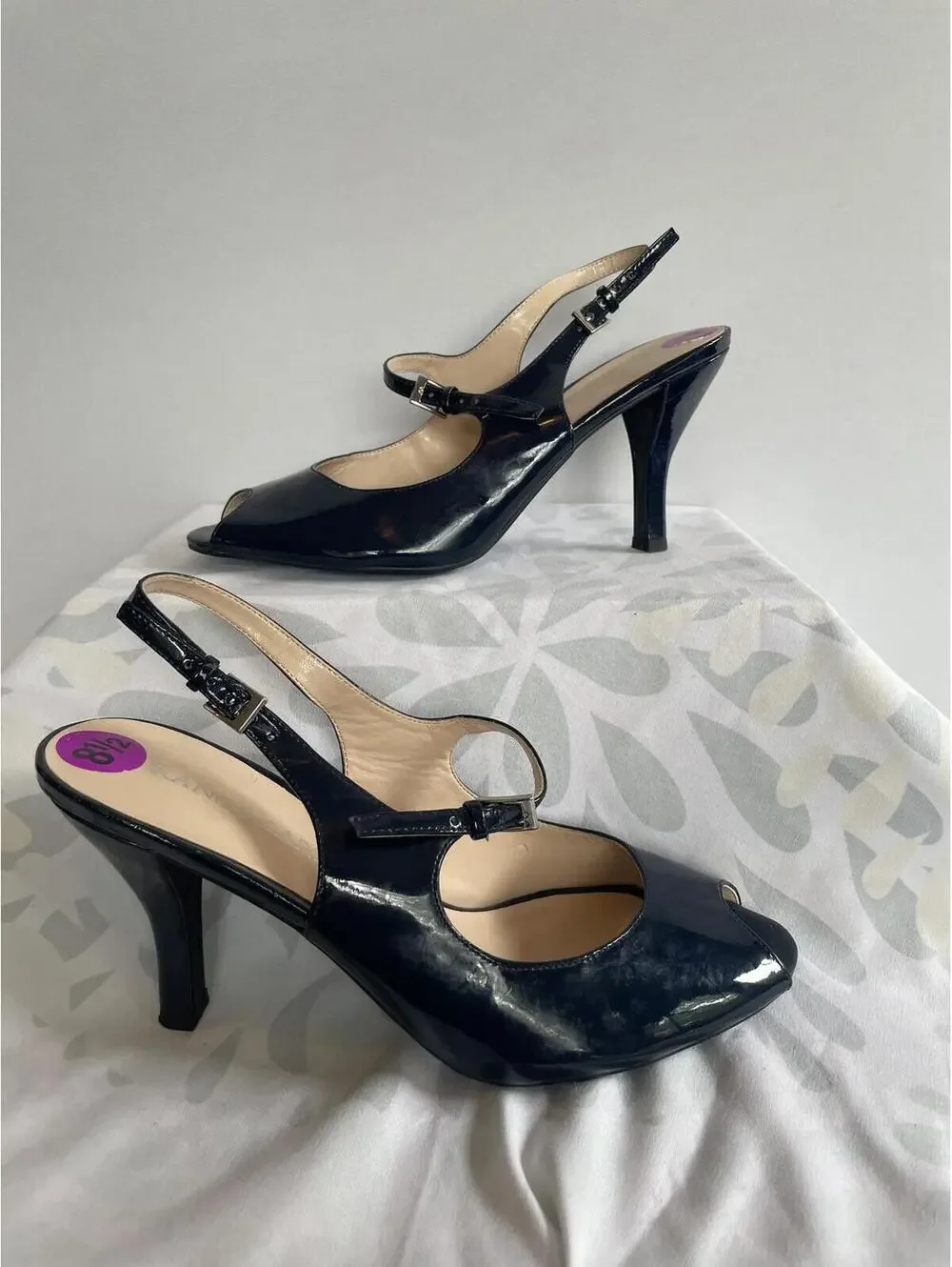Franco Sarto Size US 8.5 Navy Patent Leather Peep Toe Stiletto Heel Dress Shoe